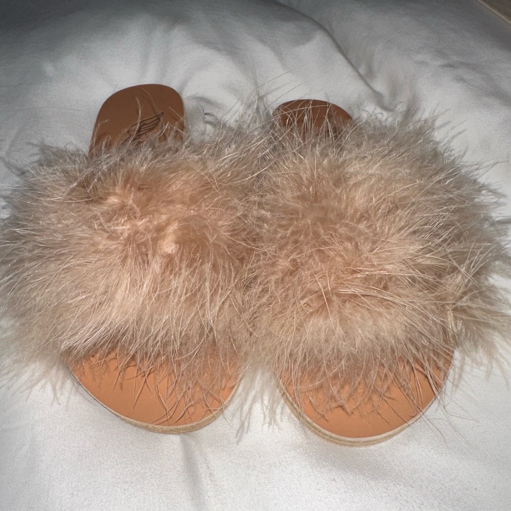 $350 Ancient Greek Mia Sandals w/ Marabu Feathers Sz 37/ 6.5/7